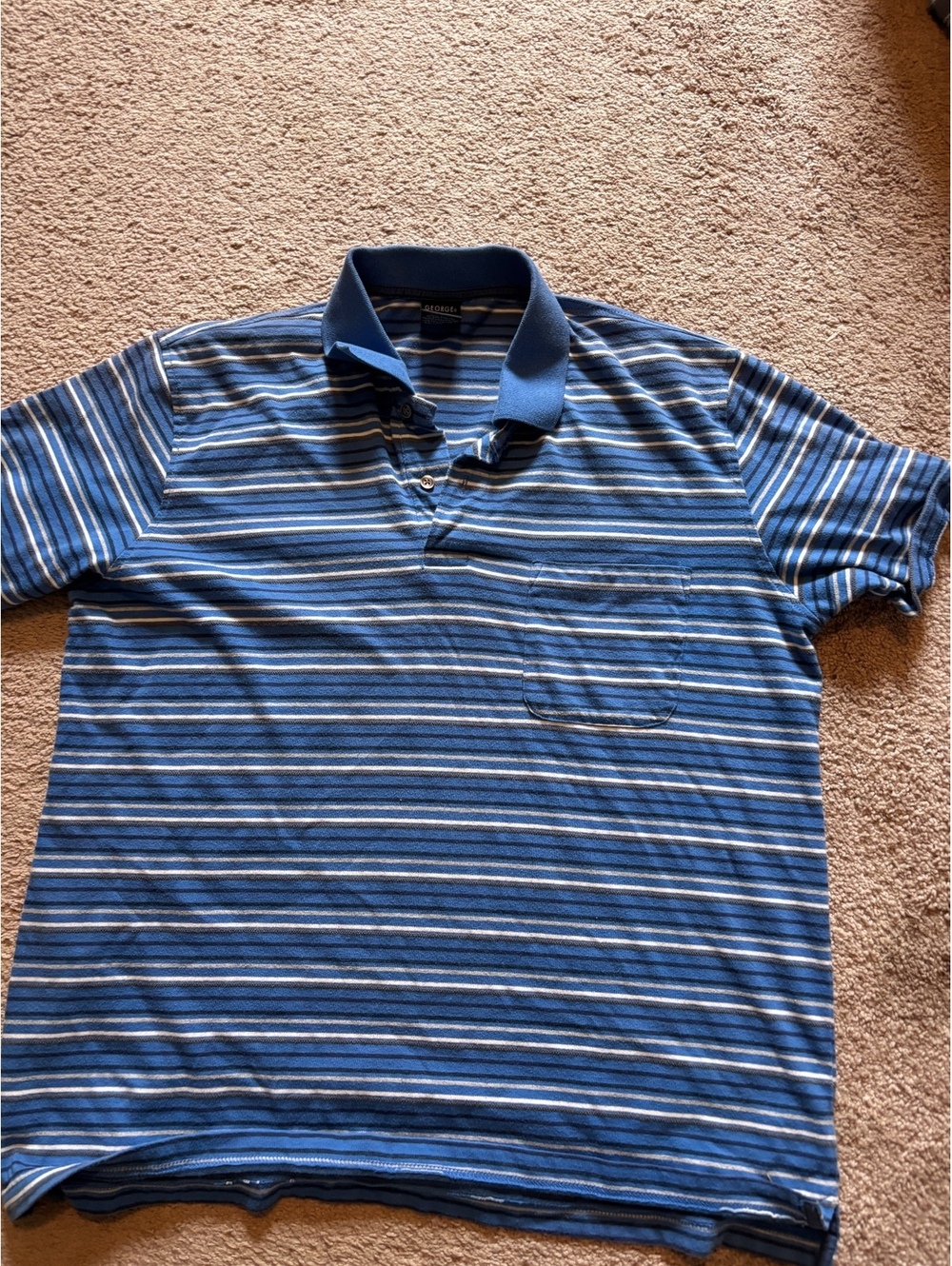 George striped blue white mens cotton blend preppy polo 2 button size large